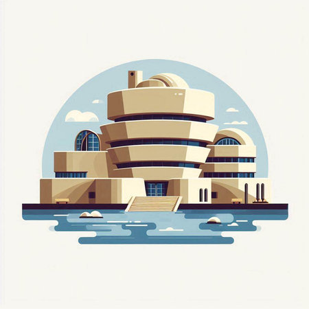 Modern building on the background of the sea. Vector illustration in retro style.のイラスト素材