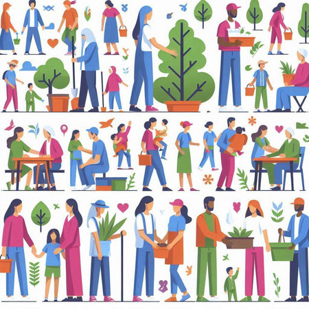 People gardening seamless pattern. Men and women working in garden. Flat vector illustrationのイラスト素材