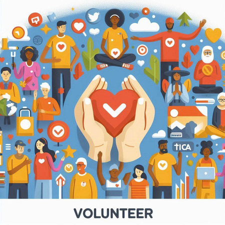 Volunteer concept in flat design style with icons of hands and people vector illustrationのイラスト素材