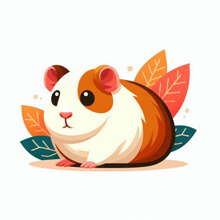 Cute guinea pig with autumn leaves on white background. Vector illustration.のイラスト素材