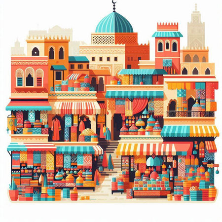 Colorful vector illustration of the medina of Marrakesh, Moroccoのイラスト素材