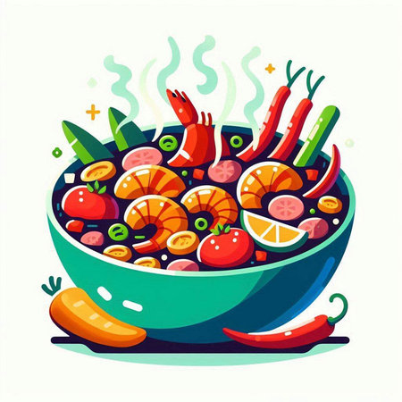 Salad with shrimps and vegetables in a bowl. Vector illustration.のイラスト素材