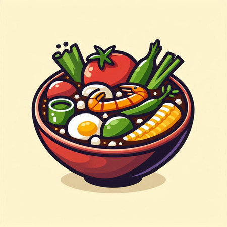 Bowl of soup with shrimps and vegetables. Vector illustration.のイラスト素材