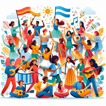 International music festival. Group of people with musical instruments. Vector illustration.のイラスト素材