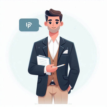 Businessman with clipboard and speech bubble. Vector illustration in cartoon styleのイラスト素材