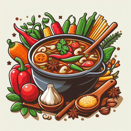 Illustration of a bowl of spicy Thai soup with spices and vegetablesのイラスト素材