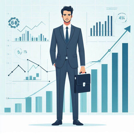 Businessman with briefcase standing in front of business chart. Vector illustration.のイラスト素材