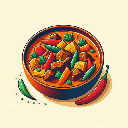 Illustration of a bowl of delicious curry with meat and vegetables.のイラスト素材