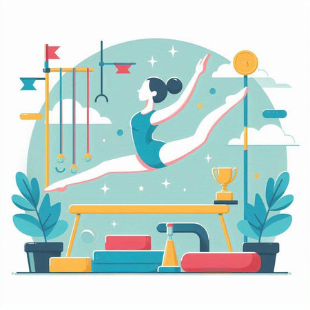 Vector illustration of girl doing gymnastics in the gym. Flat style.のイラスト素材