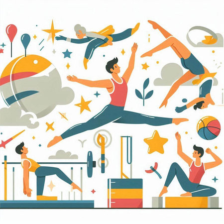 Vector illustration with people doing fitness exercises. Gymnastics and healthy lifestyle.のイラスト素材