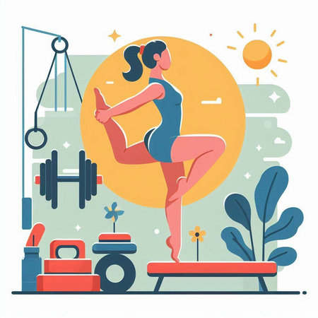 Vector illustration of woman doing yoga in the gym. Flat style.のイラスト素材