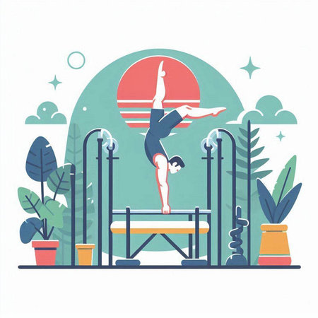 Man doing gymnastics on a trampoline. Flat design vector illustration.のイラスト素材