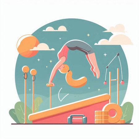 Vector illustration of a girl doing gymnastics on a sports ground.のイラスト素材