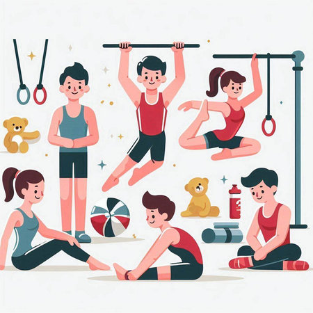 Set of fitness people doing exercises. Vector illustration in flat style.のイラスト素材