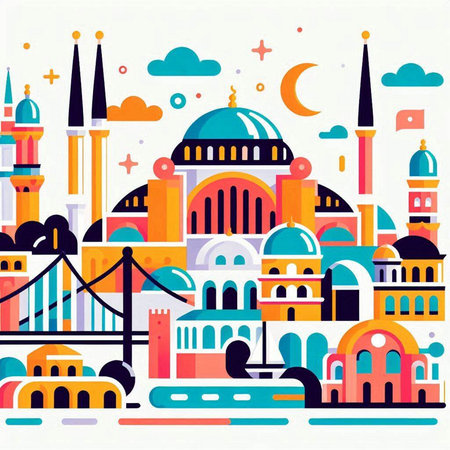 Vector illustration of Istanbul cityscape in flat style. Travel and tourism.のイラスト素材