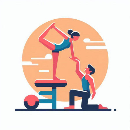 Man and woman practicing yoga in the morning. Flat vector illustration.のイラスト素材