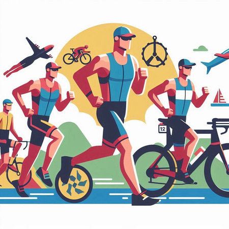 Cyclists running on the road. Vector illustration in flat styleのイラスト素材