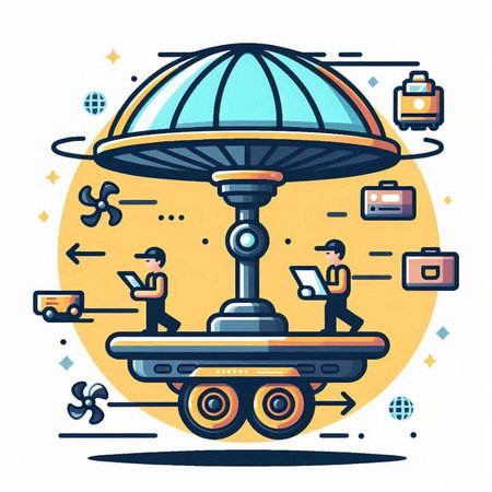Vector illustration of flying saucer with people working on it. Flat line art style design for web, site, advertising, banner, poster, board and print.のイラスト素材