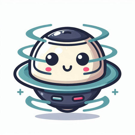 Cartoon illustration of a flying saucer with a funny face.のイラスト素材