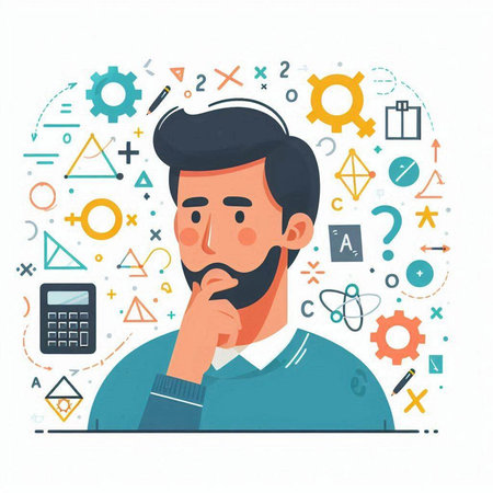 Vector illustration of a man with a mustache thinking about a problem.のイラスト素材