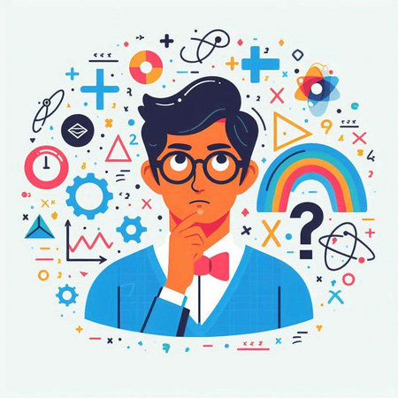 Vector illustration of a man in glasses and a bow tie in a circle with icons.のイラスト素材