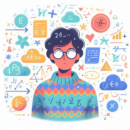 Vector illustration of a young man with glasses and various symbols around him.のイラスト素材