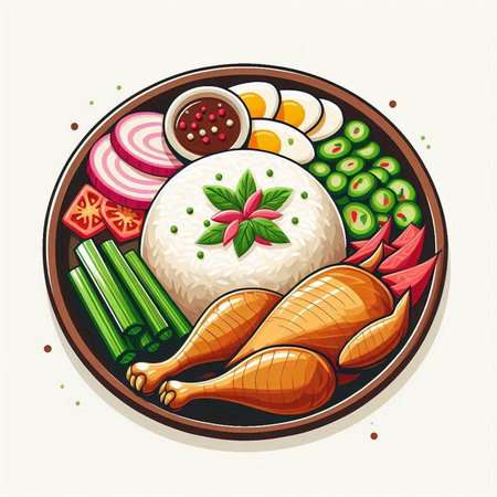 Rice with chicken and vegetables on a plate. Vector illustration.のイラスト素材