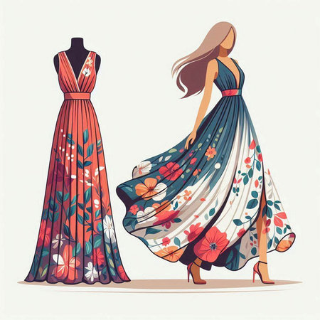 Fashion illustration of a woman in a long dress and a mannequinのイラスト素材