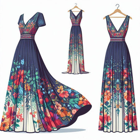 Set of colorful floral dresses isolated on white background. Vector illustration.のイラスト素材