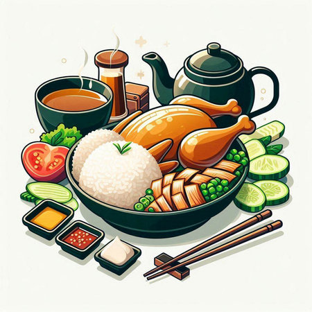 Illustration of asian food with chicken, rice and vegetables.のイラスト素材