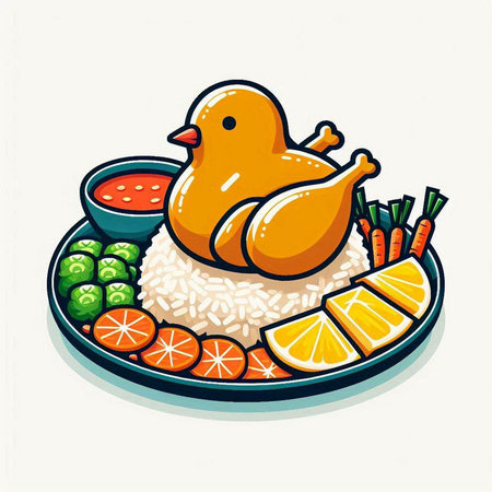 Illustration of a chicken with rice and vegetables on a white backgroundのイラスト素材