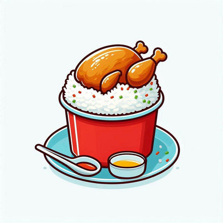 Illustration of rice with chicken and sauce on a white background.のイラスト素材