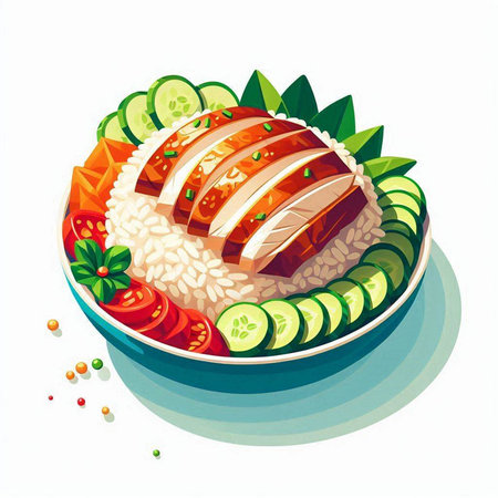 Salmon with rice and vegetables on a plate. Vector illustration.のイラスト素材