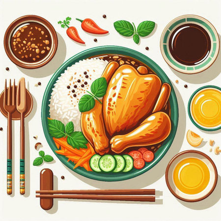 Bowl of chicken and rice. Top view. Vector illustration.のイラスト素材