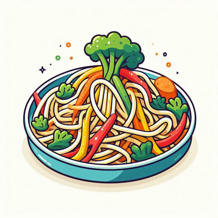 Illustration of a bowl of noodle with vegetables in the backgroundのイラスト素材