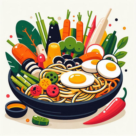 Noodles with vegetables in a frying pan. Vector illustration.のイラスト素材