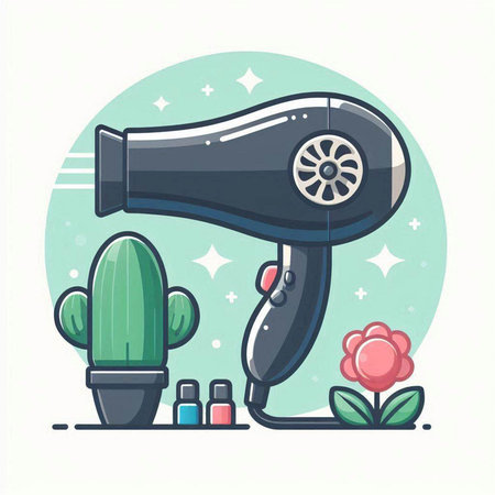 Hair dryer and cactus. Vector illustration in flat styleのイラスト素材