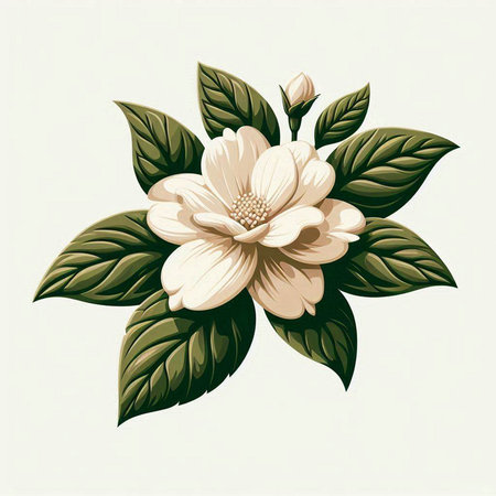 Illustration of a white flower with green leaves on a white backgroundのイラスト素材
