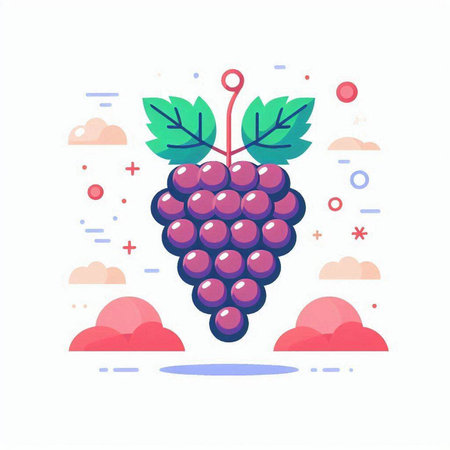 Grapes with leaves and clouds. Vector illustration in flat styleのイラスト素材