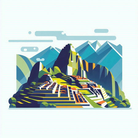 Vector illustration of mountain landscape in flat style. Mountain landscape with mountains and forest.のイラスト素材