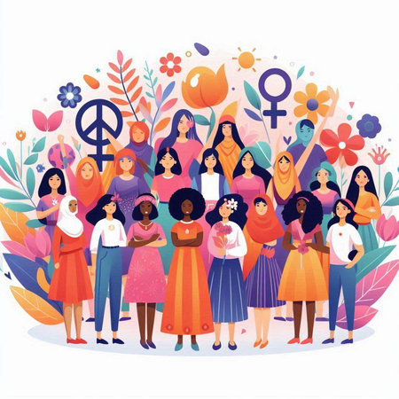 International Women's Day. Group of diverse women in national dress standing together. Flat vector illustration.のイラスト素材