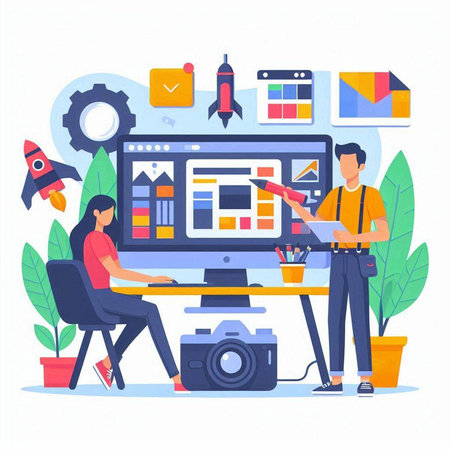 Designer and graphic designer working with computer. Vector illustration in flat styleのイラスト素材