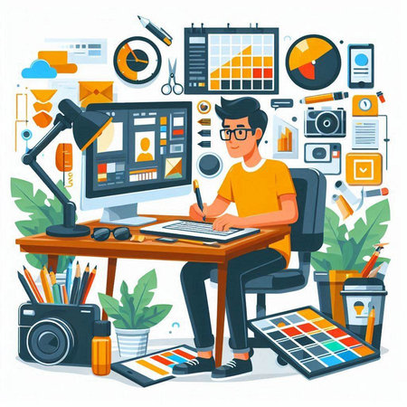 Designer working at his desk. Flat style colorful vector illustration.のイラスト素材