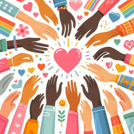 Hands of diverse people around heart. Colorful vector illustration.のイラスト素材