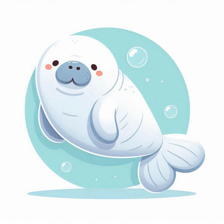 Cute cartoon seal on a blue background with bubbles. Vector illustration.のイラスト素材