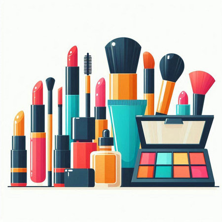 Vector illustration of make up products on white background. Flat style.のイラスト素材