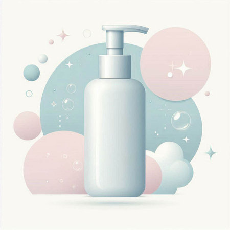Cosmetic bottle with dispenser and bubbles. Vector Illustration.のイラスト素材