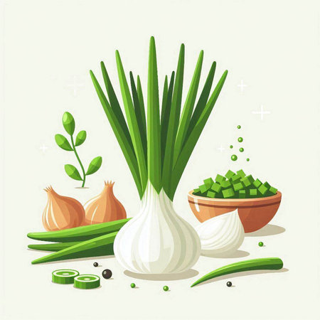 Vegetables and herbs, vector illustration. Garlic, onion, parsley, green onionのイラスト素材