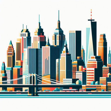 Cityscape with skyscrapers and bridge, illustration in vector formatのイラスト素材