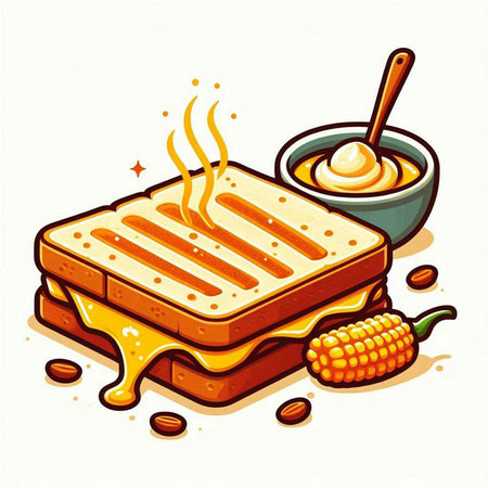 Illustration of a peanut butter sandwich with honey and corn on the cobのイラスト素材